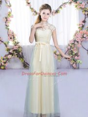 Dynamic Cap Sleeves Floor Length Lace and Bowknot Zipper Vestidos de Damas with Champagne