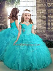 Aqua Blue Lace Up Little Girl Pageant Gowns Beading and Ruffles Sleeveless Floor Length