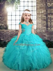 Aqua Blue Lace Up Little Girl Pageant Gowns Beading and Ruffles Sleeveless Floor Length