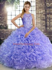 Attractive Sleeveless Fabric With Rolling Flowers Floor Length Lace Up Quinceanera Dresses in Lavender with Beading