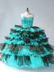 Customized Blue And Black Sweet 16 Dress Sweet 16 and Quinceanera with Beading and Ruffled Layers Sweetheart Sleeveless Lace Up