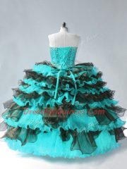 Customized Blue And Black Sweet 16 Dress Sweet 16 and Quinceanera with Beading and Ruffled Layers Sweetheart Sleeveless Lace Up