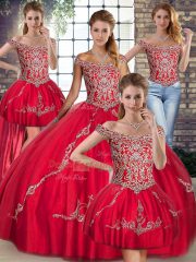 Popular Floor Length Lace Up Sweet 16 Dresses Red for Military Ball and Sweet 16 and Quinceanera with Beading and Embroidery