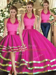 Fuchsia Halter Top Lace Up Ruffled Layers Vestidos de Quinceanera Sleeveless