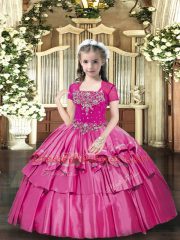 Trendy Hot Pink Taffeta Lace Up Pageant Gowns Sleeveless Floor Length Beading