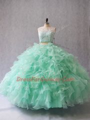 Apple Green Two Pieces Organza Scoop Sleeveless Beading and Lace and Ruffles Floor Length Zipper Ball Gown Prom Dress