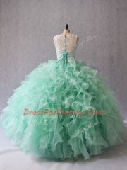 Apple Green Two Pieces Organza Scoop Sleeveless Beading and Lace and Ruffles Floor Length Zipper Ball Gown Prom Dress