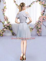 Mini Length Grey Quinceanera Court of Honor Dress Tulle Sleeveless Lace and Belt