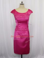 Enchanting Hot Pink Column/Sheath Scoop Sleeveless Satin Mini Length Zipper Lace and Appliques Dress for Prom