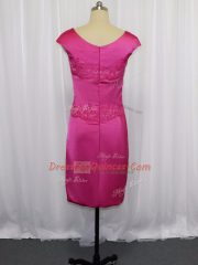 Enchanting Hot Pink Column/Sheath Scoop Sleeveless Satin Mini Length Zipper Lace and Appliques Dress for Prom