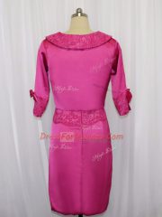 Enchanting Hot Pink Column/Sheath Scoop Sleeveless Satin Mini Length Zipper Lace and Appliques Dress for Prom