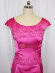 Enchanting Hot Pink Column/Sheath Scoop Sleeveless Satin Mini Length Zipper Lace and Appliques Dress for Prom