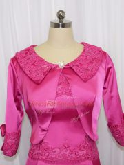 Enchanting Hot Pink Column/Sheath Scoop Sleeveless Satin Mini Length Zipper Lace and Appliques Dress for Prom