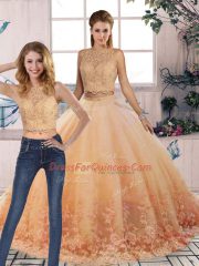 Comfortable Lace Quinceanera Gown Peach Backless Sleeveless Sweep Train