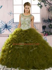 Olive Green Ball Gowns Scoop Sleeveless Organza Floor Length Lace Up Beading and Ruffles 15th Birthday Dress