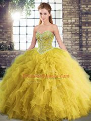 Simple Floor Length Gold 15 Quinceanera Dress Tulle Sleeveless Beading and Ruffles