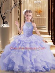 Elegant Lavender Sleeveless Beading and Ruffles Lace Up Little Girls Pageant Dress