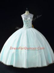 Apple Green Ball Gowns Scoop Sleeveless Tulle Floor Length Lace Up Beading Sweet 16 Quinceanera Dress