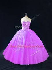 Sleeveless Floor Length Beading Lace Up 15th Birthday Dress with Purple