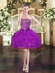 Comfortable Purple Homecoming Dress Prom and Party with Beading and Ruffles Strapless Sleeveless Lace Up