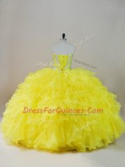 Affordable Yellow Lace Up Sweetheart Beading and Ruffles Quinceanera Dress Organza Sleeveless