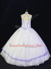 Beauteous White And Purple 15th Birthday Dress Sweet 16 and Quinceanera with Appliques Halter Top Sleeveless Lace Up