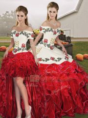 Luxury Floor Length Lace Up Quinceanera Dresses White And Red for Military Ball and Sweet 16 and Quinceanera with Embroidery and Ruffles