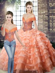 Fantastic Beading and Ruffled Layers Sweet 16 Dress Peach Lace Up Sleeveless Brush Train
