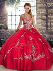 Flare Off The Shoulder Sleeveless Tulle Quinceanera Gown Beading and Embroidery Lace Up