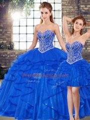 Royal Blue Three Pieces Sweetheart Sleeveless Tulle Floor Length Lace Up Beading and Ruffles Quince Ball Gowns