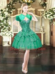 Charming Mini Length Dark Green Prom Gown Organza Sleeveless Beading