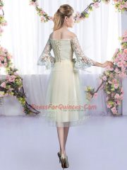 High End Off The Shoulder 3 4 Length Sleeve Dama Dress Tea Length Lace and Bowknot Champagne Tulle