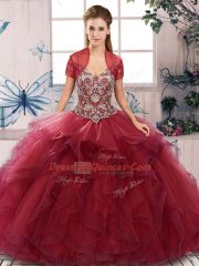 Burgundy Tulle Lace Up Off The Shoulder Sleeveless Floor Length Sweet 16 Quinceanera Dress Beading and Ruffles