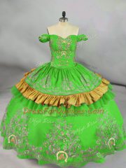 Dramatic Green Ball Gowns Off The Shoulder Sleeveless Satin Floor Length Lace Up Embroidery Quinceanera Gown