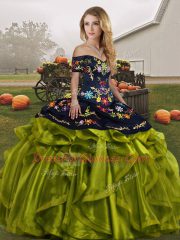 Olive Green Ball Gowns Off The Shoulder Sleeveless Organza Floor Length Lace Up Embroidery and Ruffles Quinceanera Dress