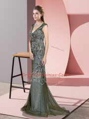 Beautiful Olive Green V-neck Neckline Beading Prom Dress Sleeveless Zipper