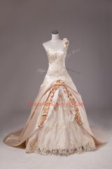 Enchanting Champagne Lace Up Ball Gown Prom Dress Embroidery and Hand Made Flower Sleeveless Brush Train