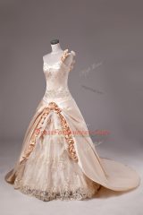 Enchanting Champagne Lace Up Ball Gown Prom Dress Embroidery and Hand Made Flower Sleeveless Brush Train
