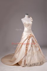 Enchanting Champagne Lace Up Ball Gown Prom Dress Embroidery and Hand Made Flower Sleeveless Brush Train