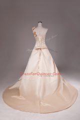 Enchanting Champagne Lace Up Ball Gown Prom Dress Embroidery and Hand Made Flower Sleeveless Brush Train