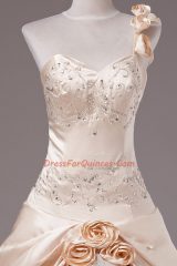 Enchanting Champagne Lace Up Ball Gown Prom Dress Embroidery and Hand Made Flower Sleeveless Brush Train