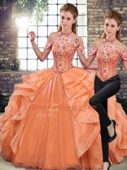 Spectacular Orange Halter Top Neckline Beading and Ruffles Quinceanera Dresses Sleeveless Lace Up