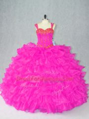 Great Fuchsia Sleeveless Beading and Ruffles Floor Length Sweet 16 Quinceanera Dress