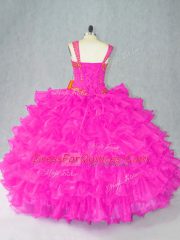 Great Fuchsia Sleeveless Beading and Ruffles Floor Length Sweet 16 Quinceanera Dress