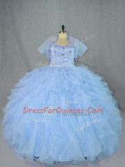 Hot Sale Sweetheart Sleeveless Ball Gown Prom Dress Floor Length Beading and Ruffles Blue Organza