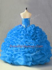 Fitting Blue Sleeveless Beading and Pick Ups and Hand Made Flower Floor Length 15 Quinceanera Dress