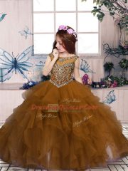 Nice Sleeveless Lace Up Floor Length Beading and Ruffles Pageant Gowns
