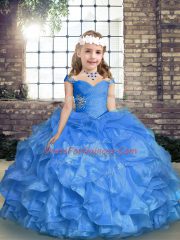 Blue Sleeveless Beading and Ruffles and Ruching Floor Length Little Girls Pageant Gowns