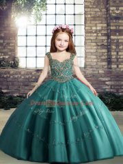 Latest Teal Straps Neckline Beading Child Pageant Dress Sleeveless Lace Up