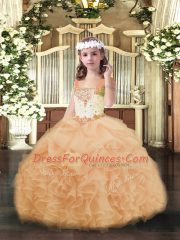 Cheap Peach Sleeveless Floor Length Beading and Ruffles and Pick Ups Lace Up Pageant Dress